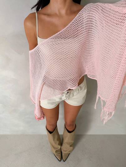 SHEIN Spring/Summer Off Shoulder Pink Ladies Sweater Elegant Hollow-Out Ladies Sweater