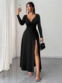xheRafferiza Vestido de fiesta de manga larga, cuello en V, elástico y ajustado en color negro elegante para mujer. Diseño versátil y elegante con abertura, tela para otoño. Ideal para citas, fiestas, discotecas, calles, Halloween, San Valentín, cumpleaños, invitada de boda, vestido elegante, atuendo para concierto country.xhe - Multicolor - Ver 5