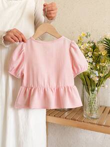 SHEIN LMoss Kids 少女休闲纯色圆领短袖套头衫 - 淺粉色 - 查看 2