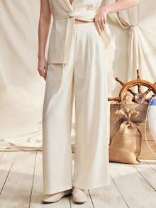 Zovinel Women's Casual Sleeveless Blazer Jacket And Wide Leg Pants Set, Adjustable Waist Belt, Spring/Summer - Apricot - View 6