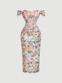 SHEIN MOD 女士碎花露肩褶皱修身连衣裙 - 彩色 - 查看 3