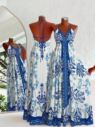 Sweetra Plus Size V-Neck Spaghetti Strap Backless Floral Print Blue & White Contrast Elegant Vintage Casual Cute Beach Maxi Dress For Women