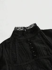 ROMWE Goth Vestido largo ajustado de línea A con mangas abullonadas y encaje con diseño de telaraña estilo gótico - Negro - Ver 11