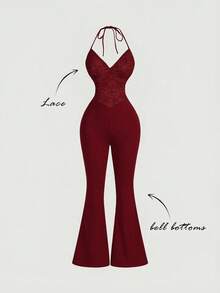 SHEIN MOD Bộ áo liền quần nữ màu đen phối ren dáng xòe - Màu Đỏ Sâu - Xem 3