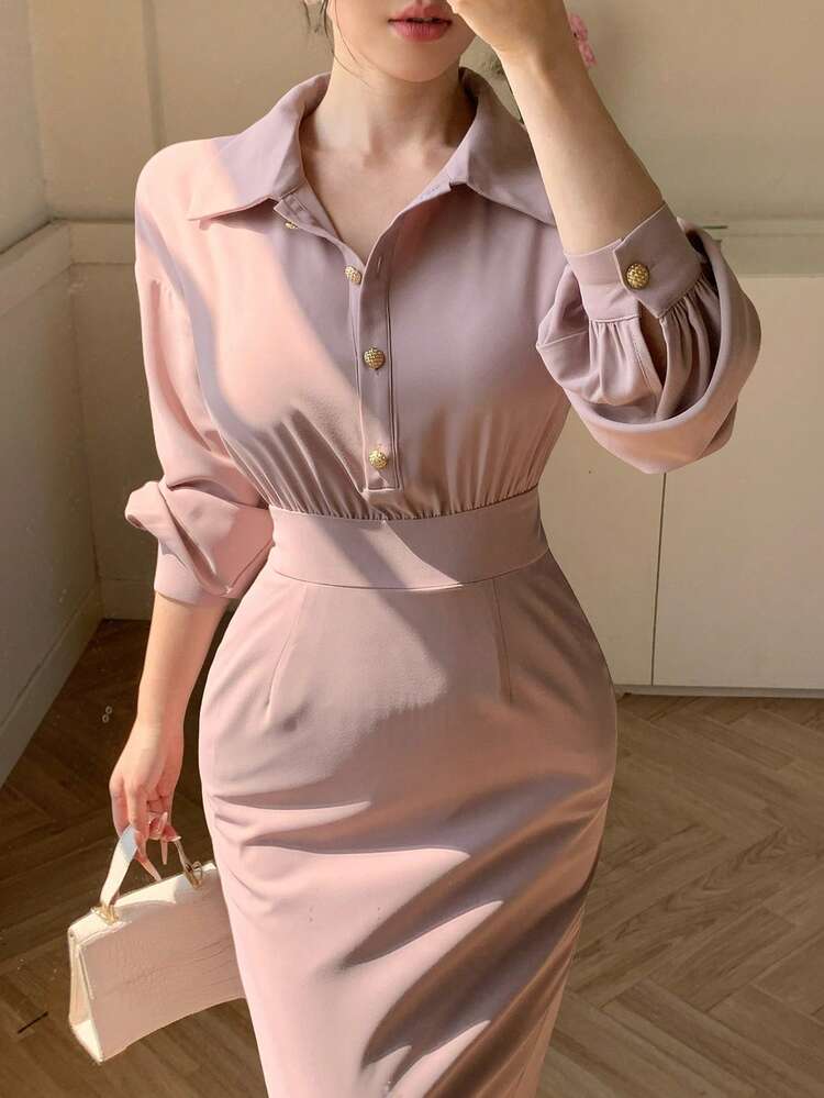 Women's Solid Color Dropped Shoulder Long Sleeve Cinched Waist Half-Placket Mid-Length Dress Sundress