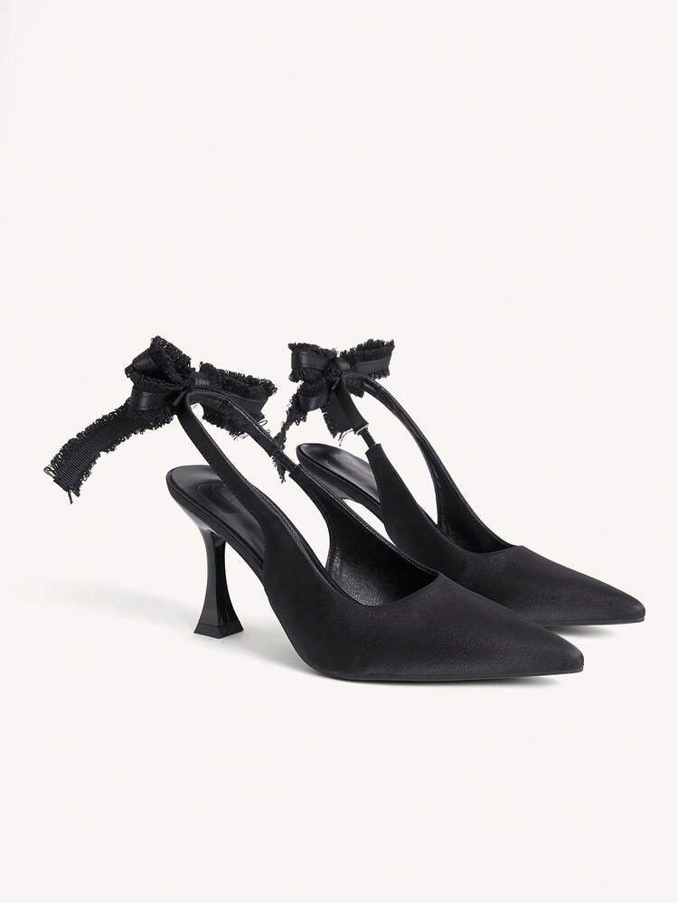 CUCCOO CHICEST Women's High Heels Pointed Toe 9CM Women's High Heels Shoes Elegant Stiletto Shoes Mirror PU Material Easy To Wear Slingback With Tassel Big Bow Cute Black High Heels Fashionable Versatile Suitable For Daily/Party/Commute/Valentine's Day Dating/Christmas/Formal Women's Shoes Elegant Shoes Wedding Shoes