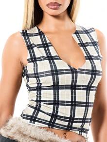 SUMWON WOMEN Women's Plaid Sleeveless Tank Top With Faux Fur Trim Detail And Scoop Neckline For Fall Winter Fashion - Multicolor - View 6