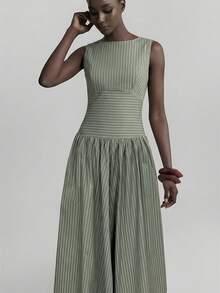 Ontre 2026 春季女士条纹拼接优雅女士条纹圆领无袖褶皱休闲连衣裙，日常穿着，复活节连衣裙，夏季连衣裙，优雅连衣裙，休闲连衣裙，超长连衣裙，节日连衣裙，婚纱 - 綠色 - 查看 3