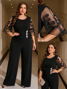 Reflora Jumpsuit Ukuran Besar Elegan Berwarna Hitam dan Perak dengan Hiasan Berlian Imitasi untuk Pesta Musim Gugur, Acara Malam Pernikahan, dan Kostum Karnaval - Hitam - View 2