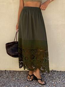 Livesso Women's Elastic Waist Lace Patchwork Vacation & Date Night Skirt - Brown - View 2