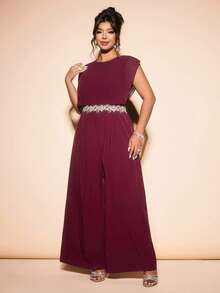 Allurite Plus Size Women Elegant Burgundy Summer Wedding Guest Outfits,Sleeveless Chiffon Patchwork Lace Trim Jumpsuit,Formal Graduation Outfit For Mother - Burgundy - View 3