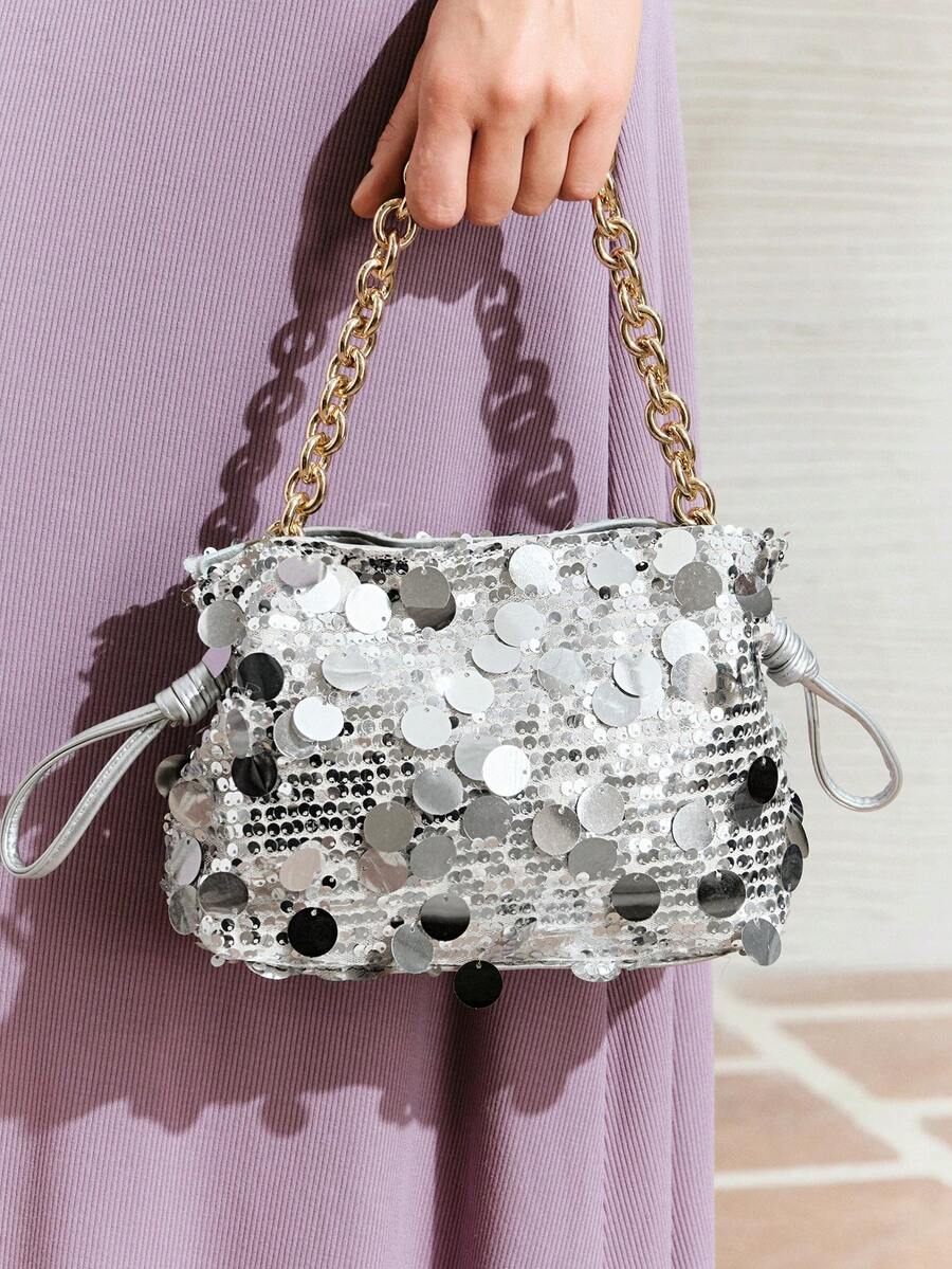 SHECARRY Ladies Tote Bag, Exquisite Sequined Shoulder Bag, Shiny Party Clutch Bag. - Silver - View 1