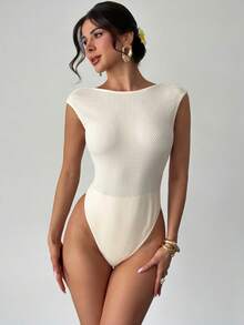 Firerie Women's Elegant Romantic Asymmetric Collar Fashionable Commuter Sexy Elegant Bodysuit, Suitable For Party, Vacation, Romantic Date And Wedding Birthday, Knitted Texture Criss-Cross Strap Fitted Apricot Bodysuit - Apricot - View 6