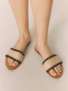 Styleloop Stylish Woven Sandals With Flat Bottom, Comfortable Mules Sandals, Holiday Style Sandals, Flat Sandals, Beach Sandals Summer - Black - View 4