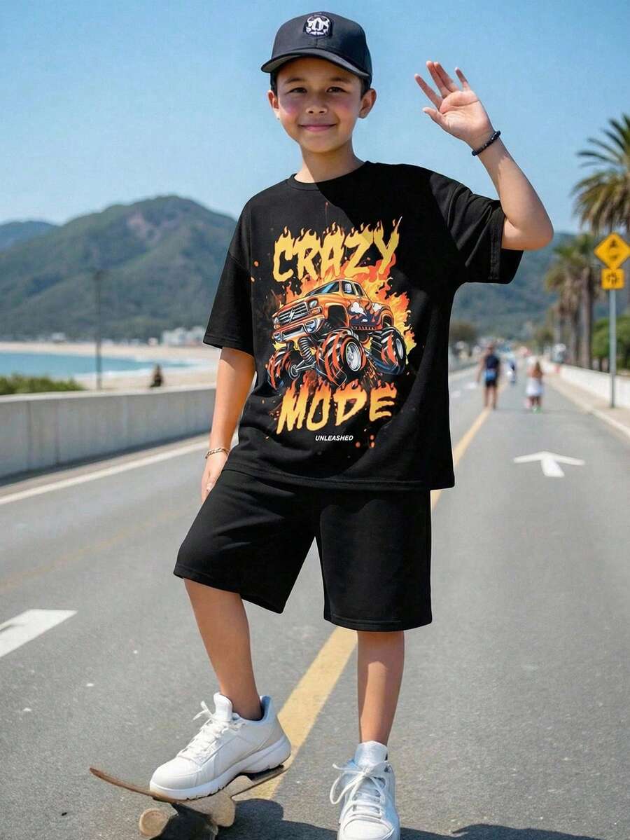 SHEIN Tween Boy Casual Street Style Big Letter Graphic Pullover T-Shirt And Solid Color Shorts 2-Piece Set Summer Outfits Y2k Vacation Tendencias Ss26 Goth Gothic Streetwear Sumwon Burgundy Holiday Vintage Boho Festival Gras Party Cute Birthday Boys Modest Casual Cozy