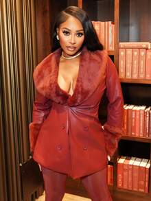 Chea Andrea Women's Wine Red Waist Elegant Fashion Long Sleeve PU Leather Jacket With Fur Collar And Spliced ​​Fur Sleeves, Autumn And Winter Women's Fall Winery Wear Women's Faux Leather Dress Women's Suit Jacket Women's Leather Dress Coat - Burgundy - View 6