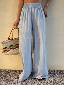 DAZY 女士弹性腰带休闲宽松裤，适合度假穿着 - 藍色 - 查看 3