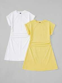 SHEIN BASICS 2pcs/Set Casual Solid Color Knit Round Neck Short Sleeve Mini Dress For Women Spring Dresses Summer Tshirt Mod Dresses/Summer - Multicolor - View 3