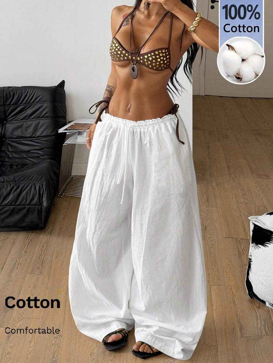 Coolane Quần nữ mùa xuân/hè phong cách đường phố cổ điển, thường ngày, đi biển, nghỉ mát, kiểu cổ điển, cơ bản, thoải mái, 100% cotton, dáng rộng, ống thẳng. - trắng - Xem 1