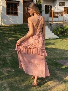 Livesso Women's Floral Embroidery Ruffle Trim Halter Neck Backless Mid-Length Dress Cruise Outfit For Women - Pink - View 2