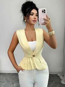 SHEIN Clasi Women's Elegant Office Summer Pale Yellow Sleeveless Short Blazer Jacket,Commuter Workplace Refined Minimalist High-End Pleated Design Versatile Top - Yellow - View 5