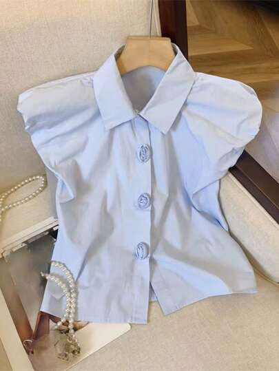 SHEIN Women's Summer Solid Color 3D Floral Decor Fashion Blouse