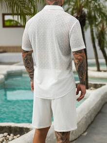VENTUSAIL Men's Vacation Casual Solid Color Textured Shirt And Shorts Set,Men Old Money,Daily Leisure, Weekend Trips, Outdoor Activities, Travel Expeditions, Relaxed Work Environments Or Semi-Formal Occasions, Boyfriend/Husband Gift, Anniversary /Birthday Gift Party Summer Vacation Holiday,Wedding,Spring To Summer,Easter,Stylish Men's White Linen Blend Two Pieces Set Short Sleeve Lapel Collar Shirt And Drawstring Waist Shorts For Vacation - White - View 2