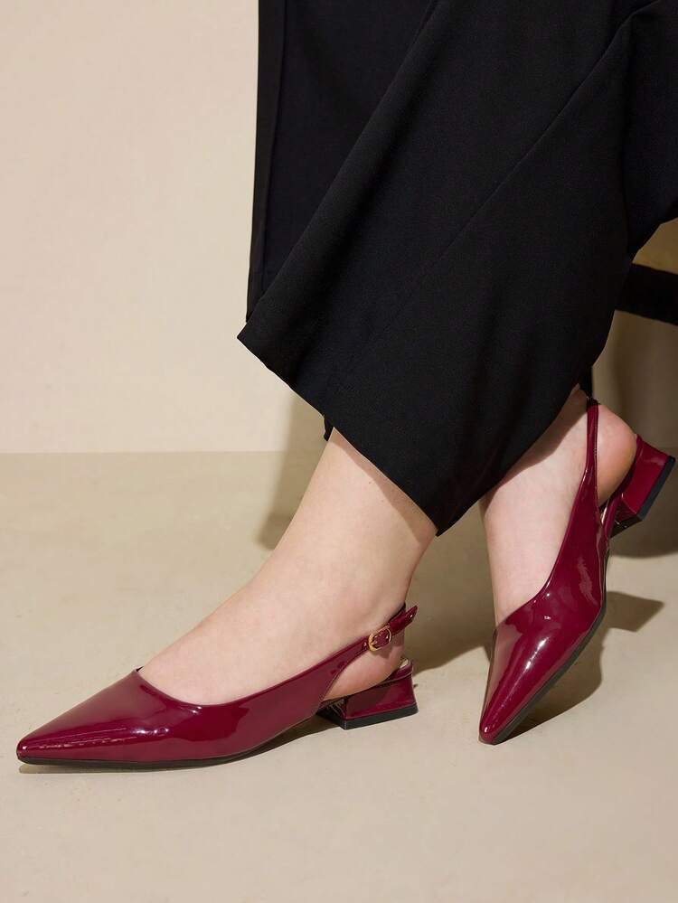 CUCCOO CURVES Women Shoes Wide Fit Fashion Pointed Thick Heel Burgundy Back Strap Slingback Women's Shoes Simple Classic Daily Comfort Fattened High Heel Women's Shoes Plus Size