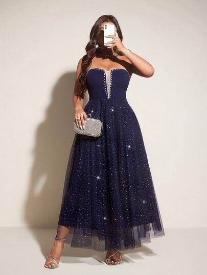 Viva Relle Vestido de fiesta de lujo estilo banquete de color azul marino con estampado de cielo estrellado para mujer talla grande, con botones de strass, cintura alta y falda plisada de malla. Adecuado para fiestas de noche, alfombra roja, San Valentín, invitados de boda, vestimenta formal, moda elegante de señora.