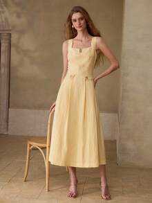 MOTF PREMIUM WOMEN'S LINEN & TENCEL BLEND YELLOW MIDI DRESS, CASUAL & DATE WEAR, SPRING/SUMMER - Yellow - View 7