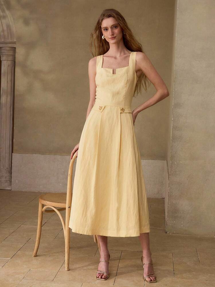 WOMEN'S LINEN & TENCEL BLEND YELLOW MIDI DRESS, CASUAL & DATE WEAR, SPRING/SUMMER