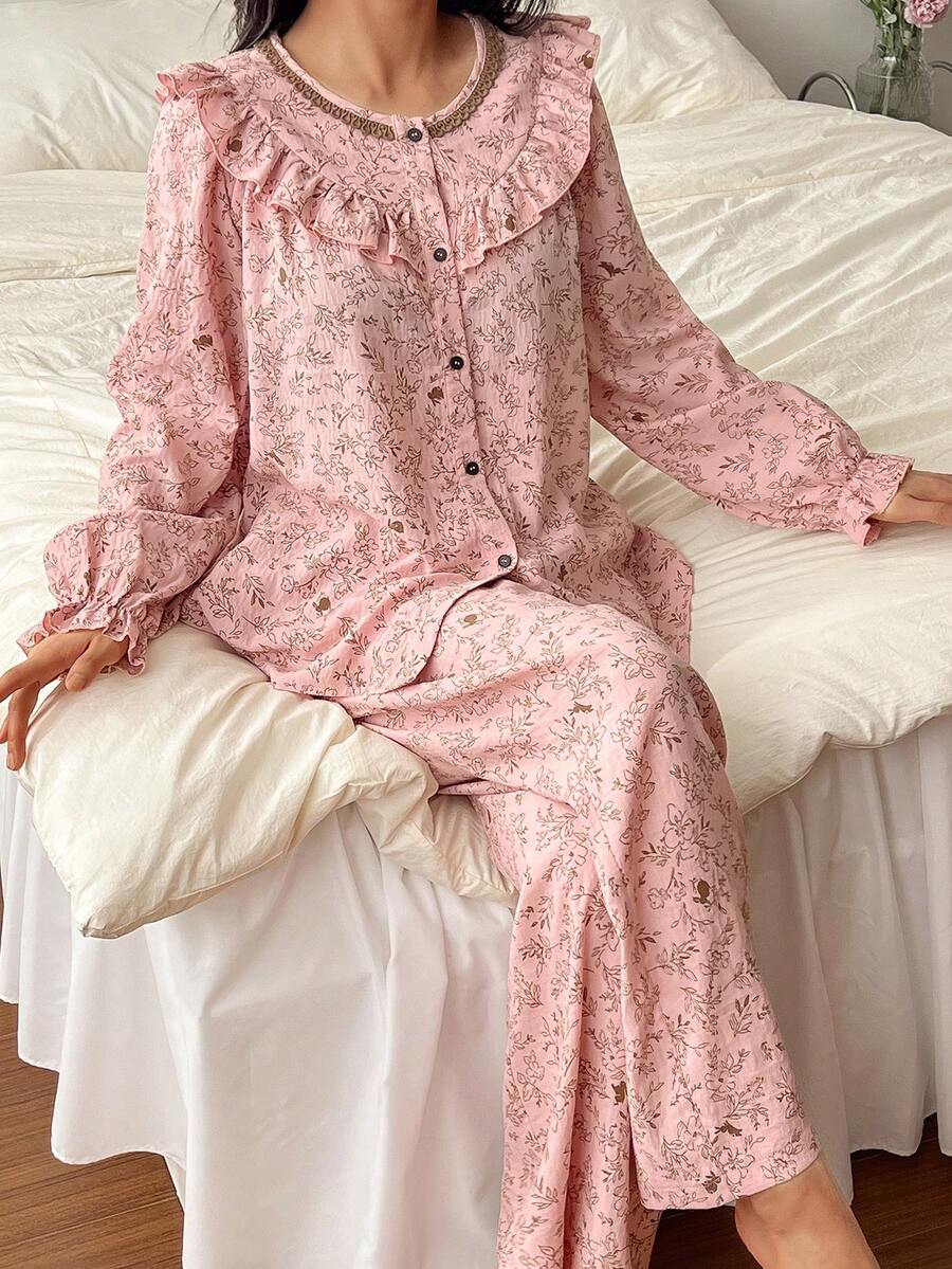 DAZY Spring Ditsy Floral Ruffle Trim Loose Women Pajama Set - Pink - View 1