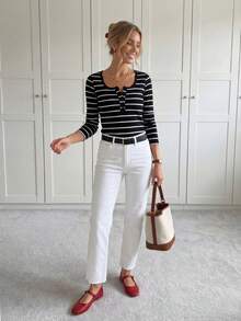 SHEIN LUNE Camiseta con estampado de rayas con botón - Negro - Ver 10