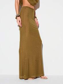 KIZN Falda larga ajustada de noche con abertura lateral, con escamas y tachuelas de strass en color verde oliva - Verde - Ver 6