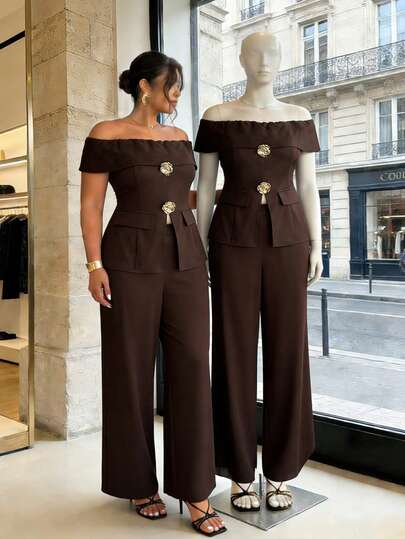 Firerie Plus Size Spring/Summer Comfortable Casual Elegant Vacation/Office Wear Off Shoulder Metal Decor Blazer Style Top And Elastic Waist Pants 2-Piece Set Off Shoulder Top And Pants Set Brown Two Pieces Set Women's Off Shoulder Outfit Formal Two Pieces Set Brown Co Ord Set Spring/Summer Casual Rlrgant Sets For Women, Summer Outfits