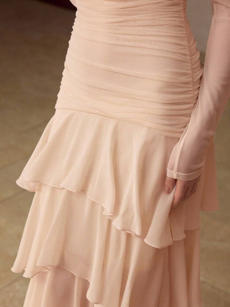 WOMEN'S FOLDOVER OFF SHOULDER RUCHED LAYERED RUFFLE HEM FITTED LONG DRESS, SPRING AUTUMN WINTER