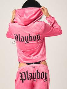 Missguided x Playboy Áo khoác nữ nhung mềm mại, có mũ, khóa kéo toàn thân, sang trọng, thoải mái, thích hợp mặc ở nhà vào mùa đông và mùa thu. - Hồng - Xem 2