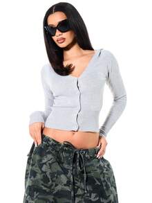 SUMWON WOMEN 女士连帽罗纹开衫休闲毛衣，纽扣前襟长袖针织打底衫 - 灰色 - 查看 1