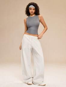 Hanevo 新款春夏运动时尚休闲撞色罗纹品牌女式背心 - 灰色 - 查看 4