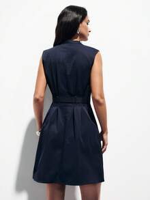 Aveloria Modichic Commuting Design, Waist Belt Decor, Fashionable V-Neck Pleated Sleeveless Casual Short Dress - Navy Blue - View 3