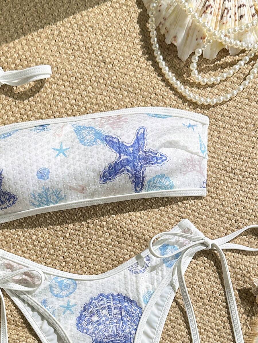 Swim Vcay Bộ bikini quây 2 mảnh đính sequin, quần cạp cao, đồ bơi gợi cảm cho kỳ nghỉ biển. - Xanh và trắng - Xem 1