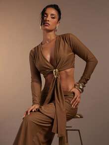 Hauture Brown Plunging Neckline Long Sleeve Gathered Top - Brown - View 3