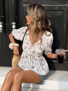 Pariaura 女士法式优雅镂空系带休闲印花花瓣袖衬衫 - 藍色 - 查看 5