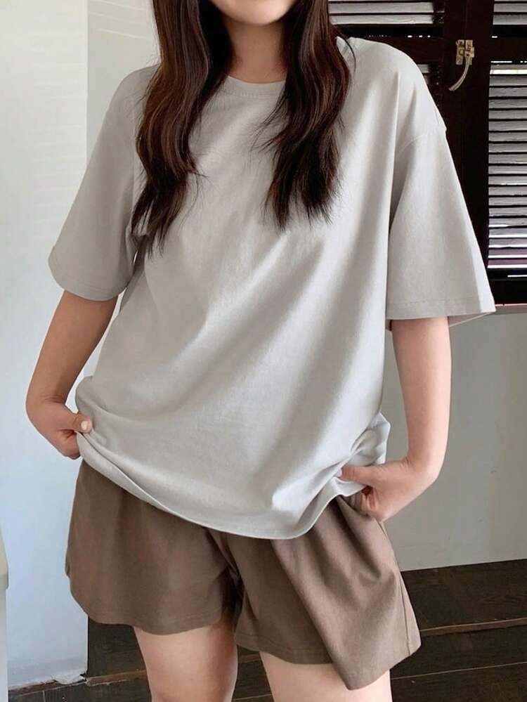 Dazy Plus 2pcs/Set Casual Solid Color Loose Short Sleeve Shorts Pajama Set, Plus Size Women Home Wear