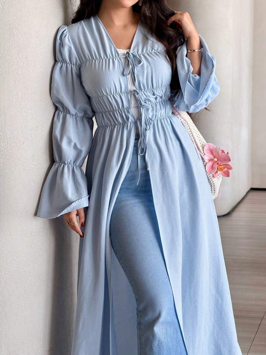 Solavon 女士度假休闲纯色喇叭袖系带长衬衫 - 藍色 - 查看 1