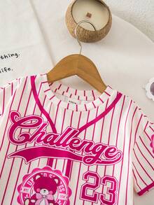 SHEIN Babygirl Casual Sports Cute Letter & Stripe Short Sleeve Loose Top - Hot Pink - View 4