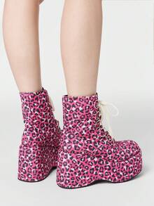 ROMWE Kawaii Women's Y2K Punk Gothic Lace-Up Fluffy Platform Ankle Boots Y2K - Red leopard print - View 2