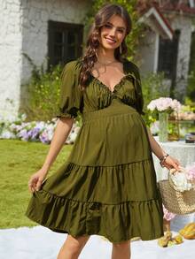 SHEIN 时尚孕妇褶皱连衣裙 - 軍綠色 - 查看 3