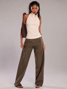 SHEIN BAE 女士休闲简约通勤侧系带直筒裤 - 卡其色 - 查看 4