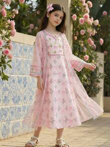 SHEIN 少女优雅奢华长裙，黑金配色，搭配金色缎带网纱开衫，两件套 - 藍色 - 查看 3